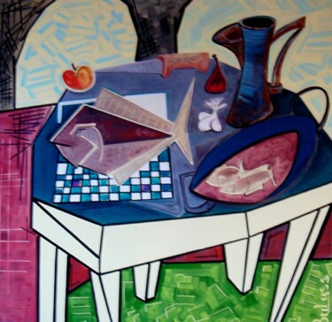 Pintura intitulada "Table au turbot" por Marc Bulyss, Obras de arte originais, Óleo Montado em Armação em madeira