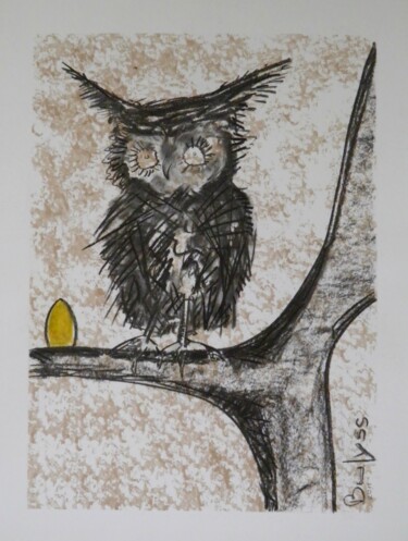 Rysunek zatytułowany „La chouette et L'œu…” autorstwa Marc Bulyss, Oryginalna praca, Węgiel drzewny