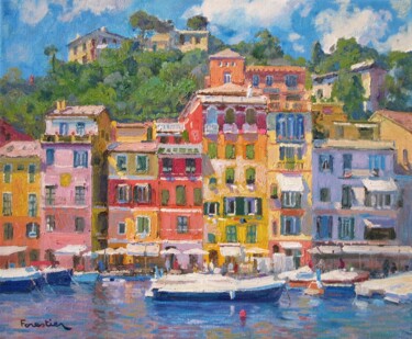 Pintura titulada "Boats in Portofino" por Marc Forestier, Obra de arte original, Oleo Montado en Bastidor de camilla de made…