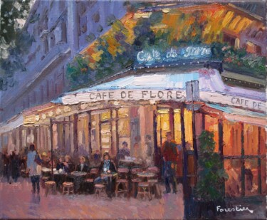 Peinture intitulée "Paris, le Cafe de F…" par Marc Forestier, Œuvre d'art originale, Huile Monté sur Châssis en bois