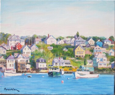 Painting titled "Boats in Stonington…" by Marc Forestier, Original Artwork, Oil Mounted on Wood Stretcher frame