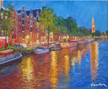 Painting titled "Canal in Amsterdam…" by Marc Forestier, Original Artwork, Oil Mounted on Wood Stretcher frame