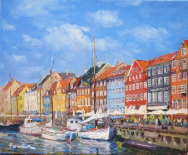 Painting titled "Nyhavn Harbor, Cope…" by Marc Forestier, Original Artwork, Oil Mounted on Wood Stretcher frame