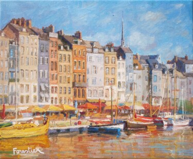 Painting titled "Honfleur Harbor" by Marc Forestier, Original Artwork, Oil Mounted on Wood Stretcher frame