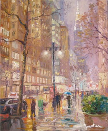 Pintura titulada "Rain in New York Ci…" por Marc Forestier, Obra de arte original, Oleo Montado en Bastidor de camilla de ma…