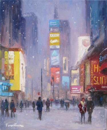 Pintura titulada "Snow in Times Square" por Marc Forestier, Obra de arte original, Oleo Montado en Bastidor de camilla de ma…
