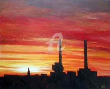 Schilderij getiteld "LH Burning Sky" door Marc Lallemand (Markkus), Origineel Kunstwerk, Olie