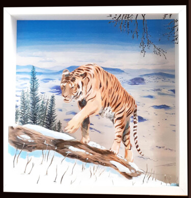 Painting titled "Tigre dans la neige" by Marc Rouchairoles, Original Artwork, Acrylic Mounted on Wood Stretcher frame