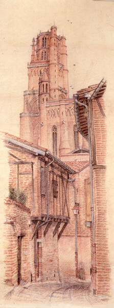 Dibujo titulada "La Cathédrale d'Alb…" por Marcel Duruflé, Obra de arte original, Conté Montado en Cartulina