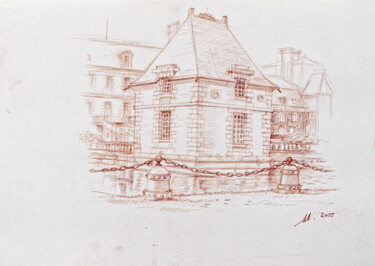 「Pavillon du château…」というタイトルの描画 Marcel Durufléによって, オリジナルのアートワーク, コンテ 段ボールにマウント