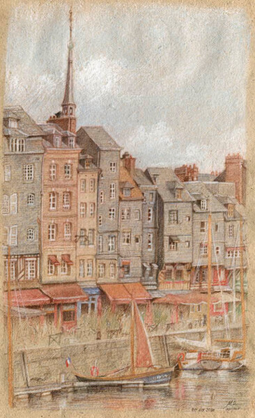 Drawing titled "Port de Honfleur" by Marcel Duruflé, Original Artwork, Digital Print Mounted on Cardboard