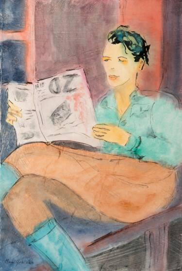 Painting titled "Reading OZ" by Marcel Garbi, Original Artwork, Watercolor