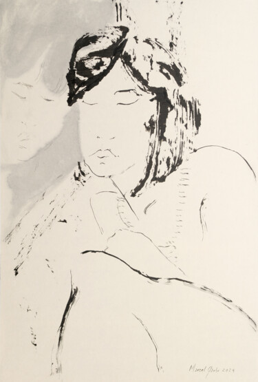 Dessin intitulée "Alone with her feel…" par Marcel Garbi, Œuvre d'art originale, Encre