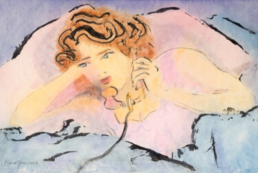 Pittura intitolato "Listening" da Marcel Garbi, Opera d'arte originale, Acquarello
