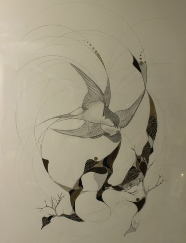 Tekening getiteld "deux oiseaux s'aima…" door Marceline Robert, Origineel Kunstwerk, Grafiet