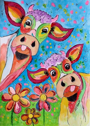 Painting titled "Glückliche Kühe" by Marcia Ehbrecht, Original Artwork, Watercolor