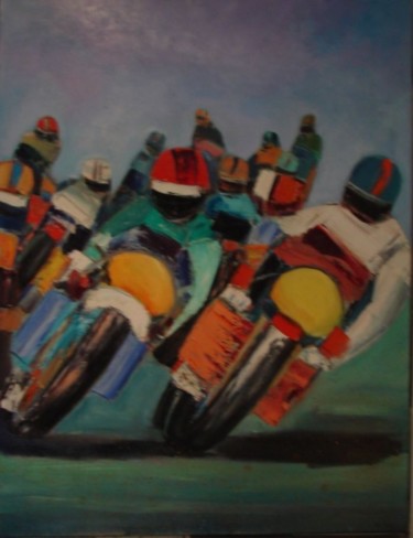 Painting titled "MOTOS LIGNE DE  DEP…" by Marc Levy, Original Artwork, Oil