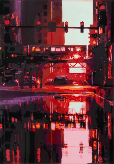 「Chicagohenge2」というタイトルの絵画 Marco Barberioによって, オリジナルのアートワーク, スプレー式塗料 ウッドストレッチャーフレームにマウント