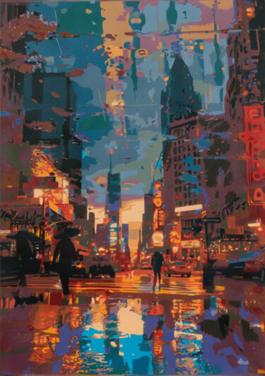 Painting titled "Dystopian New York…" by Marco Barberio, Original Artwork, Spray paint Mounted on Wood Stretcher frame