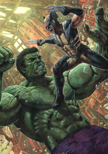 Painting titled "Hulk VS Wolverine" by Marco Russo, Original Artwork, Acrylic