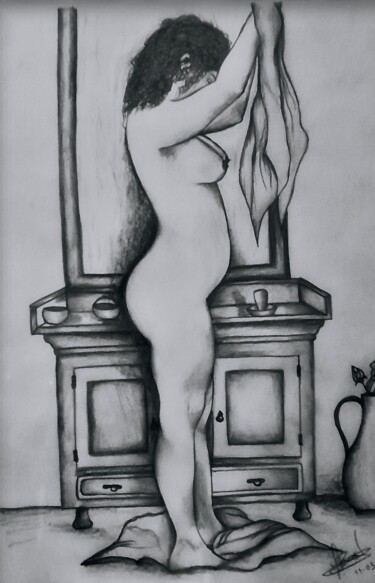 Drawing titled "Saída do banho" by Marcos Bastos, Original Artwork, Charcoal