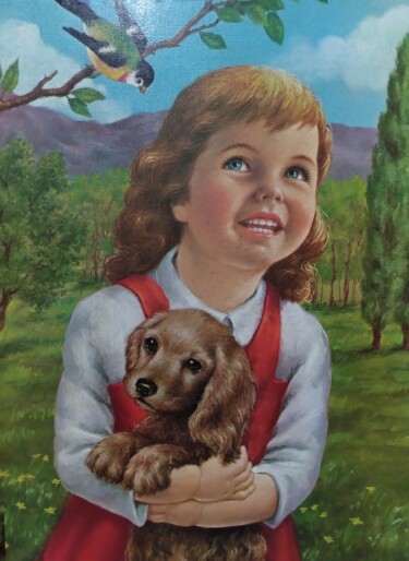 Peinture intitulée "A menina e o seu cão" par Marcos Bastos, Œuvre d'art originale, Huile