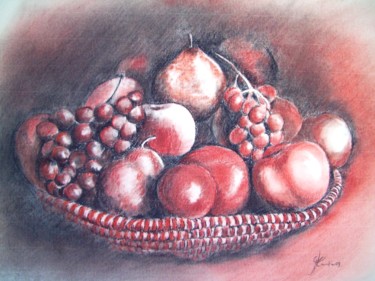 Drawing titled "Corbeille de fruits" by Marc Parmentier, Original Artwork, Conté