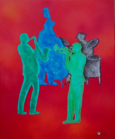 Painting titled "Jazz rouge" by Marc Parmentier, Original Artwork, Acrylic Mounted on Wood Stretcher frame