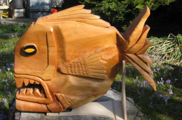 Sculptuur getiteld "Piranha" door Marc Poget, Origineel Kunstwerk, Hout