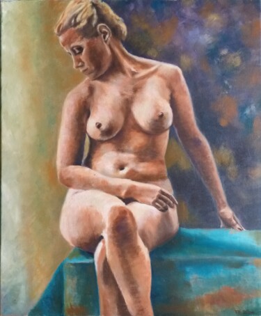 Painting titled "nu tête penchée" by Marc Sellam, Original Artwork, Oil Mounted on Wood Stretcher frame