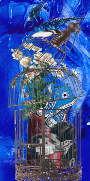 Digitale Kunst getiteld "bleu" door Geny Chanteline, Origineel Kunstwerk, Digitaal Schilderwerk Gemonteerd op Frame voor hou…
