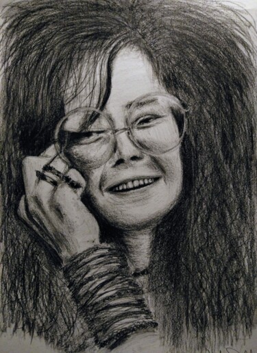 Drawing titled ""Janis Joplin"" by Marek Spetel, Original Artwork, Pencil Mounted on Plexiglass