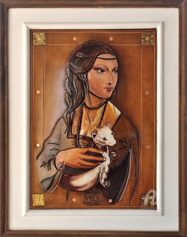 Pintura intitulada "Dame à l'hermine fa…" por Margaery, Obras de arte originais, Couro Montado em Painel de madeira