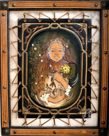 Peinture intitulée "Ophélie sur cuir- 2…" par Margaery, Œuvre d'art originale, Pigments Monté sur Panneau de bois