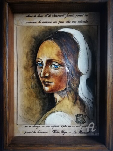 Schilderij getiteld "Portrait sur cuir,…" door Margaery, Origineel Kunstwerk, Acryl Gemonteerd op Houten paneel