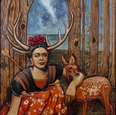 Pittura intitolato "Frida kahlo, portra…" da Margaery, Opera d'arte originale, pigmenti Montato su Pannello di legno