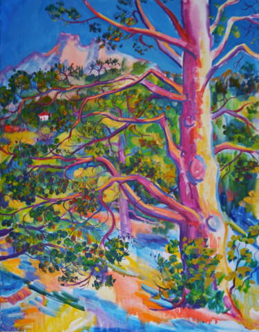 Картина под названием "Pine and a house" - Margarita Felis, Подлинное произведение искусства, Масло