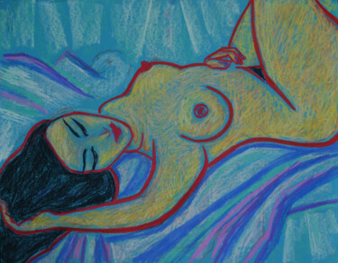 Рисунок под названием "Lying nude on blue" - Margarita Felis, Подлинное произведение искусства, Пастель