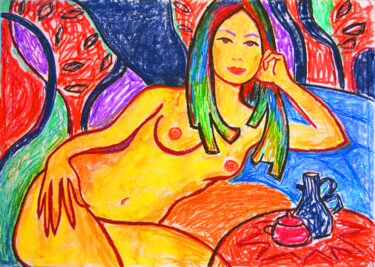 Zeichnungen mit dem Titel "Lying nude with jugs" von Margarita Felis, Original-Kunstwerk, Pastell