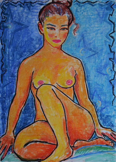 Σχέδιο με τίτλο "Sitting nude on blue" από Margarita Felis, Αυθεντικά έργα τέχνης, Παστέλ