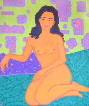 Pittura intitolato "Sitting nude on yel…" da Margarita Felis, Opera d'arte originale, Acrilico