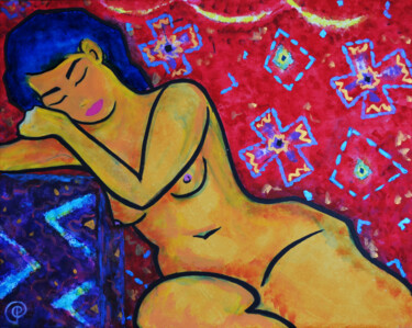 Schilderij getiteld "Sleeping nude on red" door Margarita Felis, Origineel Kunstwerk, Acryl