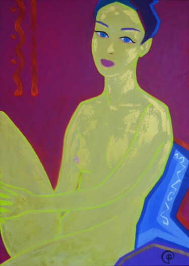 Schilderij getiteld "Sitting nude on pur…" door Margarita Felis, Origineel Kunstwerk, Acryl