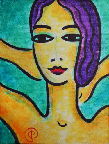 Painting titled "Face on green" by Margarita Felis, Original Artwork, Acrylic