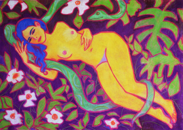 Pintura titulada "Nude with a snake" por Margarita Felis, Obra de arte original, Pastel