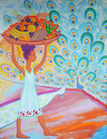 Painting titled "GIrl with peacocks" by Margarita Felis, Original Artwork, Acrylic