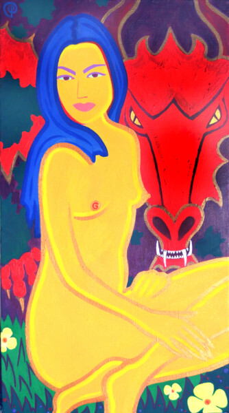 Painting titled "Woman with a dragon" by Margarita Felis, Original Artwork, Acrylic