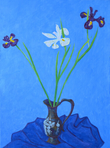 Painting titled "Flowers on blue" by Margarita Felis, Original Artwork, Oil