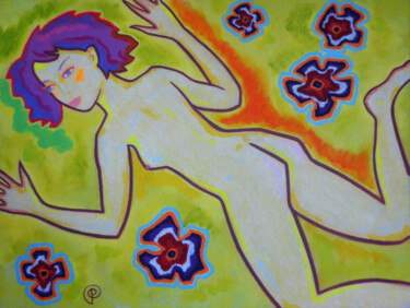 Painting titled "Nude back on yellow…" by Margarita Felis, Original Artwork, Acrylic