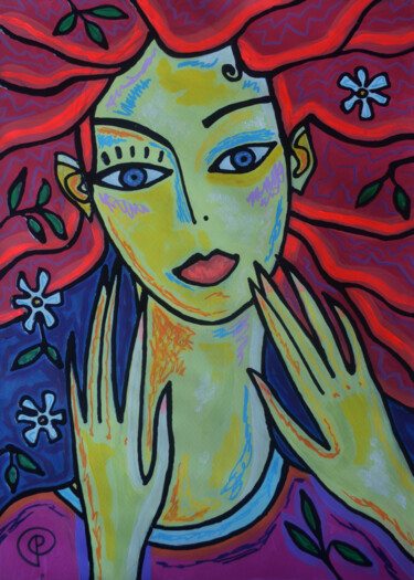 Painting titled "Woman with red hair" by Margarita Felis, Original Artwork, Acrylic